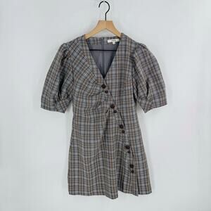 J. Ing Gray Plaid Asymmetrical Button Front Puff Sleeve Mini Dress Size M Fall